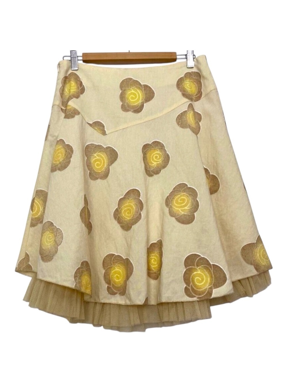 ⸻
AMS Ruffle Tulle A-Line Skirt Yellow Floral Embroidery Romantic Festival Larg
